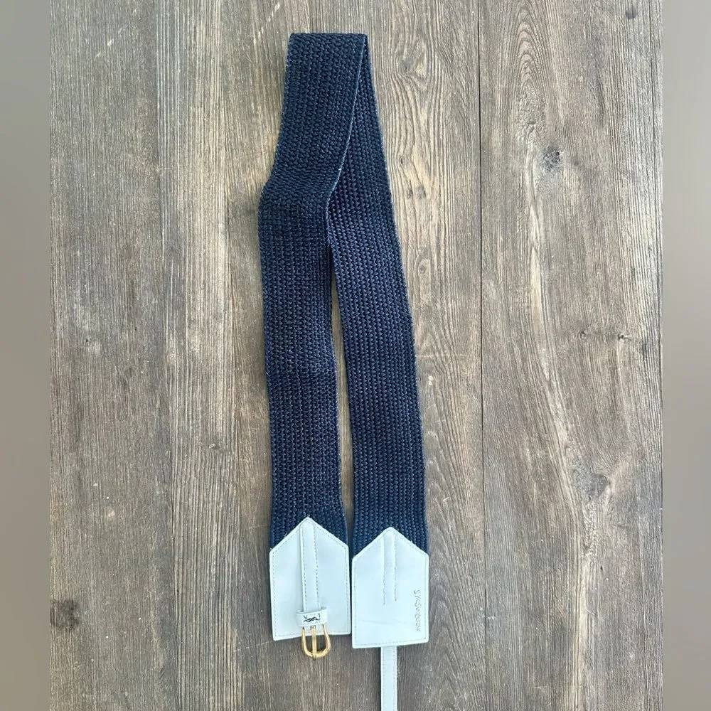 Vintage YSL Yves St. Lauren Blue And White Rattan Belt Large